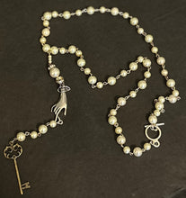 Load image into Gallery viewer, Handmade Faux Pearl Beaded Hand &amp; Key Necklace w/ Toggle Clasp - Hand on Key
