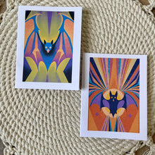 Load image into Gallery viewer, Box Set Of 8 Groovy Psychedelic Colorful Halloween Bat Cards: Brown Kraft Paper
