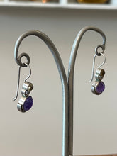 Load image into Gallery viewer, Vintage Sterling Silver Amethyst &amp; Clear Quartz Cabochon Dangle Drop Earrings
