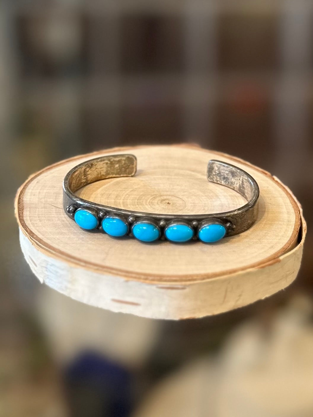 Vintage Traditional Navajo Native American Sterling Silver 5-Stone Sleeping Beauty Turquoise Cuff Bracelet