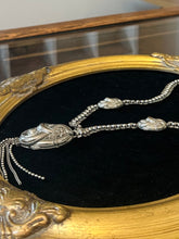 Load image into Gallery viewer, Antique Edwardian Circa 1910s Ornate Art Nouveau Floral &amp; Scroll Motif Silver Plated Pendant Y-Necklace 16.5”
