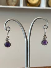 Load image into Gallery viewer, Vintage Sterling Silver Amethyst &amp; Clear Quartz Cabochon Dangle Drop Earrings
