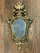 Load image into Gallery viewer, Vintage Midcentury Hollywood Regency Ornate Gold Burwood Products Co. Arabesque Louis XV Smoked Glass Wall Mirror 16x8.75”
