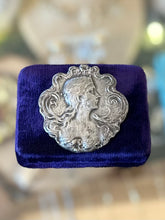 Load image into Gallery viewer, Vintage Art Nouveau Revival Repousse Silver Plated Woman Nymph Flowing Hair Floral Brooch Pin or Pendant
