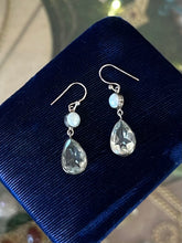 Load image into Gallery viewer, Vintage Sterling Silver Pearl &amp; Faceted Pale Blue Crystal Glass Teardrop Dangle Earrings
