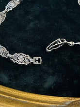 Load image into Gallery viewer, Art Deco Revival Signed Lauren Taylor Sterling Silver Filigree Faux Amethyst Necklace
