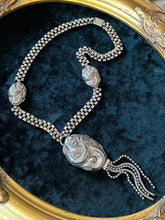 Load image into Gallery viewer, Antique Edwardian Circa 1910s Ornate Art Nouveau Floral &amp; Scroll Motif Silver Plated Pendant Y-Necklace 16.5”

