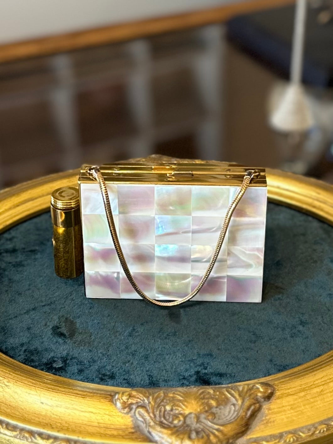 Vintage 1950s Midcentury Minaudiere Mother of Pearl Gold Tone Double Sided Compact Lipstick, Mirror, Powder, & Cigarette Purse Wristlet