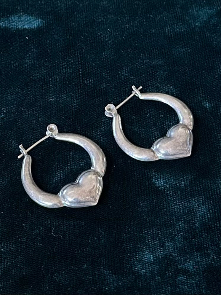 Vintage Sterling Silver 925 Heart Hoop Earrings Silver Hoops