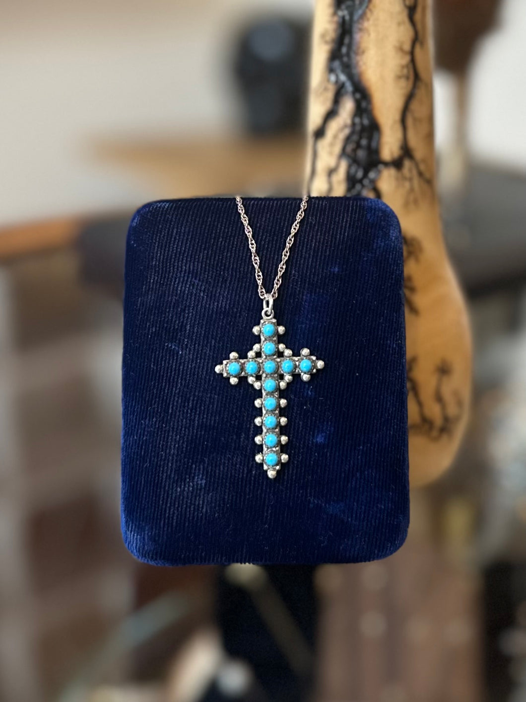 Vintage Sterling Silver & Turquoise Cross Pendant Necklace 18.1” Southwestern Religious