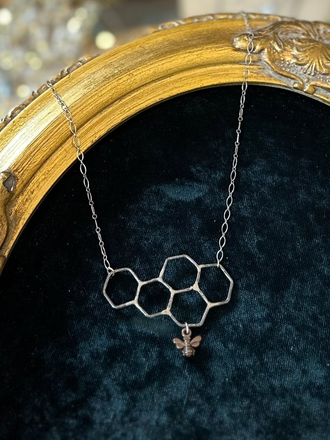 Sterling Silver & Copper Bumblebee Bee Honeycomb Pendant Necklace Queen Bee 20.25”