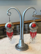 Load image into Gallery viewer, Vintage Southwestern Sterling Silver and Genuine Coral Beaded Fringe Dangle Drop Earrings Native American Style
