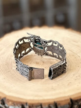 Load image into Gallery viewer, RARE Vintage Signed TAXCO Mexico Sterling Silver &amp; Carved Green Stone Face Tribal Panel Link Bracelet 6.4”
