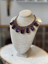 Load image into Gallery viewer, Vintage 1950s DEADSTOCK Unsigned Glass Rhinestone Purple Statement Adjustable Collar Necklace with Fields Store NYC Tag
