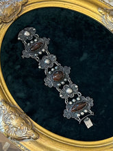 Load image into Gallery viewer, Vintage Mexico Sterling Silver &amp; Dalmatian Jasper Cabochon Ornate Scrollwork Panel Link Statement Bracelet 6.75”

