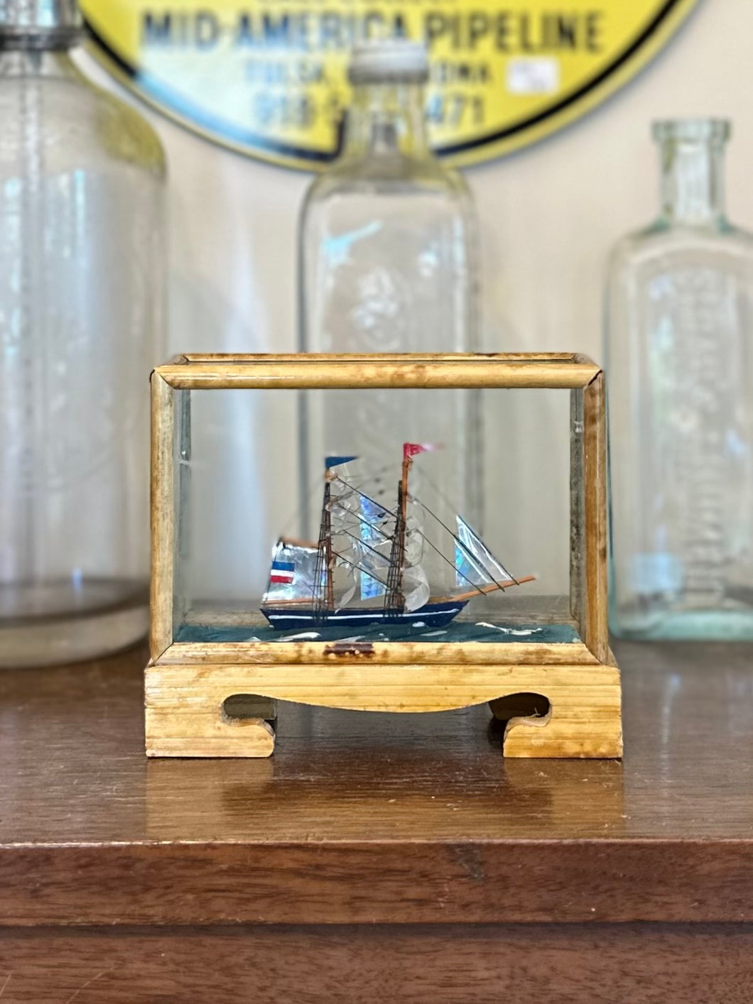 Vintage 1950s Sailing Ship Sailboat with Yugoslavia Flag Miniature Diorama in Bamboo & Wood Glass Display Case