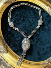 Load image into Gallery viewer, Antique Edwardian Circa 1910s Ornate Art Nouveau Floral &amp; Scroll Motif Silver Plated Pendant Y-Necklace 16.5”
