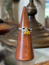 Load image into Gallery viewer, Vintage Sterling Silver Faceted Faux Topaz Yellow Triangle Stone &amp; Clear Baguette Ring US Size 7 1/4 Geometric
