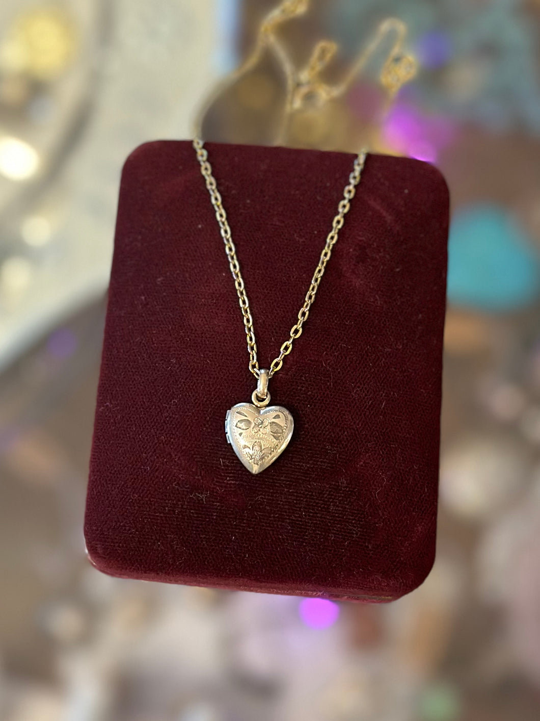 Vintage 1/20 12k Gold over Sterling Silver Dainty Etched Heart Locket Pendant on 1/20 14k GF Gold Filled Chain