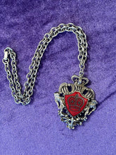 Load image into Gallery viewer, Vintage Midcentury Statement Lion Coat of Arms Shield Crown Silver Tone &amp; Red Enamel Pendant Necklace 18.25”
