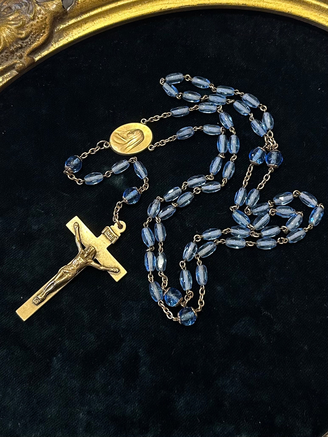Antique Stamped XXX Triple Plated Gold Tone & Blue Faceted Crystal Rosary Beads Crucifix Engraved Monogram MJH Art Deco 22
