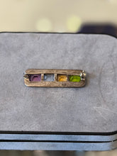 Load image into Gallery viewer, Vintage 925 Sterling Silver Marcasite Multicolor Green Blue Orange Purple Rectangular Faceted Stones Bar Pin Brooch
