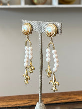 Load image into Gallery viewer, Vintage Circa 1980s 1990s Signed GIVENCHY Paris New York Gold Tone &amp; Faux Pearl Fleur de Lis Dangle Clip-on Earrings Rare
