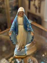 Load image into Gallery viewer, Vintage Iconic Virgin Mary Chalkware Statue 13.5” Blue Shroud Snakes Iridescent Sheen
