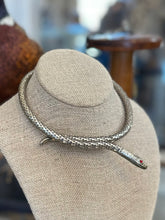 Load image into Gallery viewer, Vintage Midcentury Silver Tone &amp; Red Rhinestone Eyes Snake Coil Choker Necklace Adjustable
