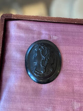 Load image into Gallery viewer, Antique Carved Whitby Jet Cameo Pin Victorian Mourning Brooch Facing Left
