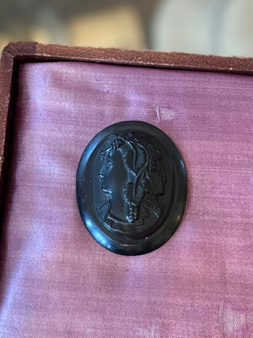 Antique Carved Whitby Jet Cameo Pin Victorian Mourning Brooch Facing Left