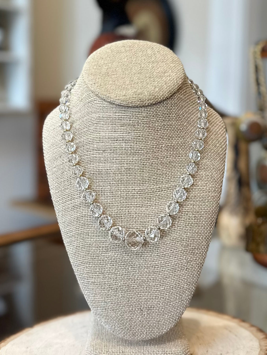 Vintage Midcentury Faceted Clear Crystal Graduated Beaded Necklace with Gold Tone Separators 18”