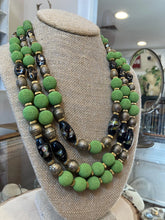 Load image into Gallery viewer, RARE Vintage HOBE &#39;50s Tri-Strand Green Art Glass &amp; Gold Tone Necklace Faience

