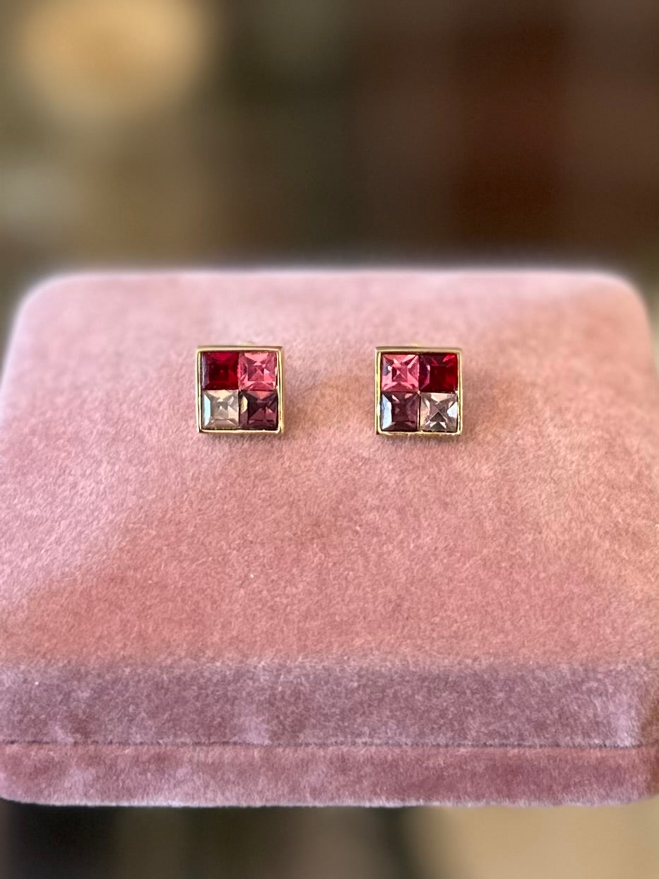 Vintage 1980s Signed GIVENCHY Square Gold Tone Pink & Purple Faceted Crystal Stud Earrings