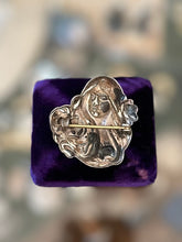 Load image into Gallery viewer, Antique Art Nouveau Repousse Silver Plated Sleeping Beauty Woman Nymph Floral Brooch Pin C-Clasp
