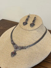 Load image into Gallery viewer, Vintage 1990s Sterling Silver &amp; Genuine Garnet Cabochon Pendant Necklace and Dangle Drop Earrings Set
