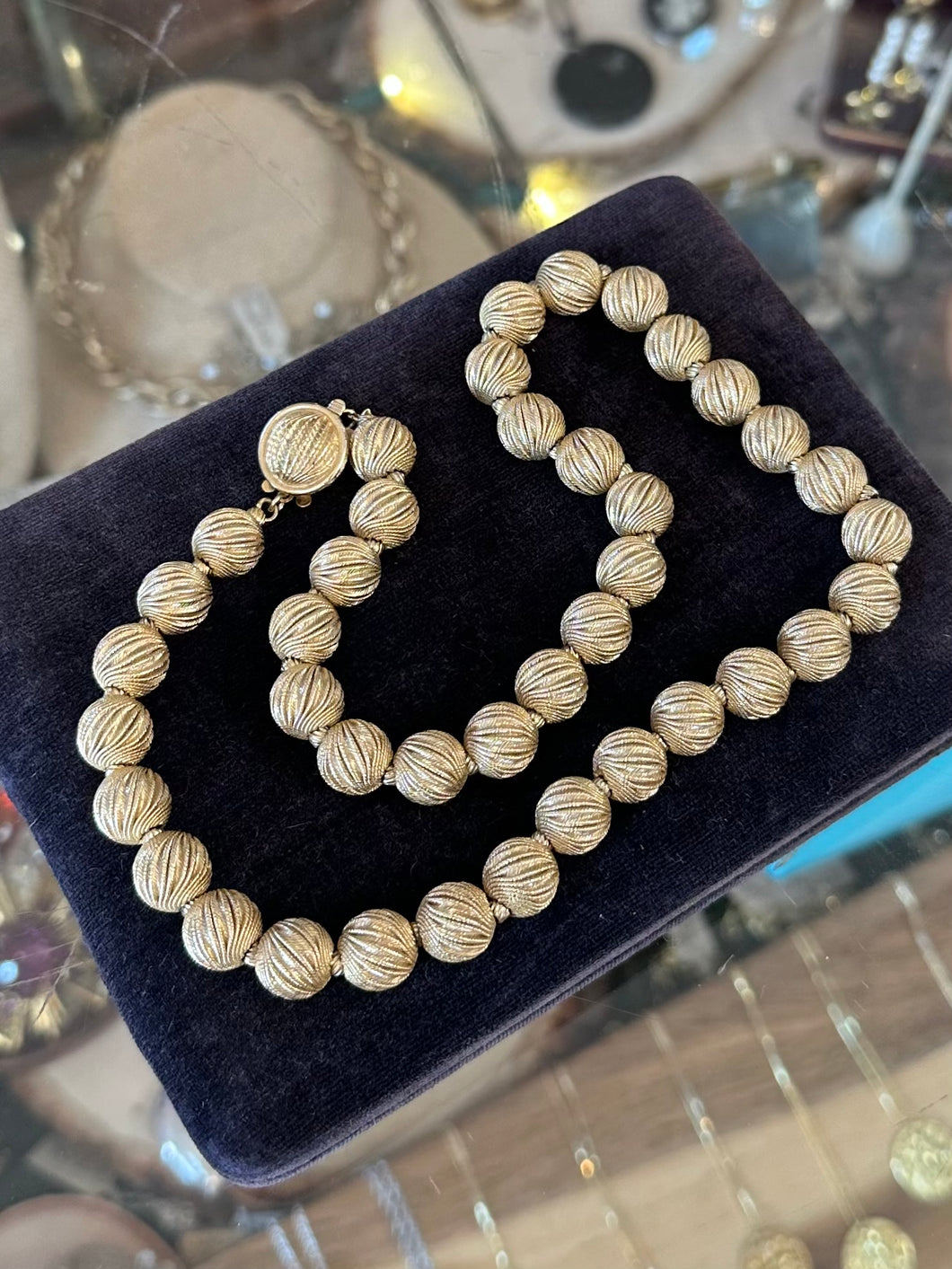 Vintage Early Midcentury 1950s Signed Francois Textured Gold Tone Beaded Necklace 18.5”
