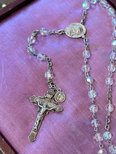 Load image into Gallery viewer, Vintage Circa 1940s Signed WI Sterling Silver Clear Aurora Borealis Crystal St. Anthony Medal Crucifix Rosary 19.45"
