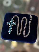 Load image into Gallery viewer, Vintage Sterling Silver &amp; Turquoise Cross Pendant Necklace 18.1” Southwestern Religious
