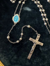 Load image into Gallery viewer, Vintage Signed GK GOLDI KAPLAN All Sterling Silver Bead Blue Enamel Mary 20.6” Rosary Engraved Elizabeth A. Cronauer Religious
