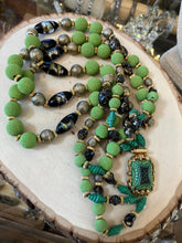 Load image into Gallery viewer, RARE Vintage HOBE &#39;50s Tri-Strand Green Art Glass &amp; Gold Tone Necklace Faience
