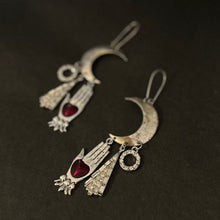 Load image into Gallery viewer, ‘GYPSY HEART’ Handmade Crescent Moon Heart Hand Rhinestone Dangle Earrings
