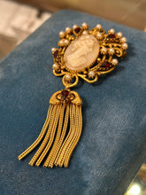 Load image into Gallery viewer, Vintage Signed FLORENZA Gold Tone Fringe Tassel Cameo Brooch Faux Pearl and Garnet
