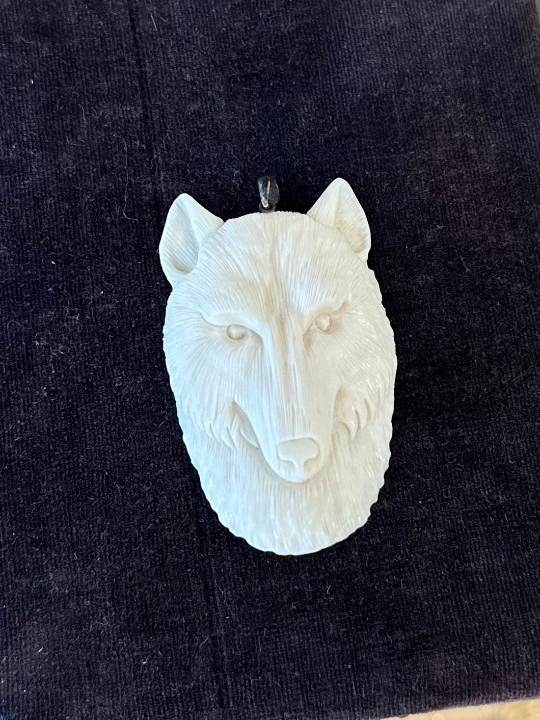OOAK One of a Kind Handcarved Bone Artisan Wolf Face Wolf Head Pendant
