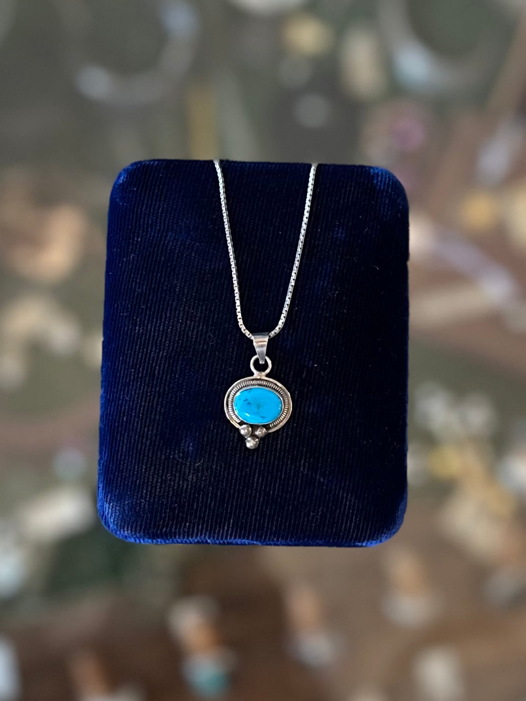 Vintage Southwestern Mexico Sterling Silver & Genuine Turquoise Pendant Necklace 18”