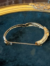 Load image into Gallery viewer, Vintage Midcentury Textured Gold Tone Wave Motif Hinged Bangle Bracelet Unsigned
