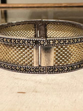 Load image into Gallery viewer, Vintage Signed JJ Judith Jack 925 Sterling Silver Two Tone Gold Mesh and Marcasite Hinged Bangle Bracelet
