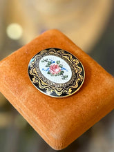 Load image into Gallery viewer, Vintage Oval Guilloche Enamel Handpainted Rose Flower Black Gold Edge Pin Brooch
