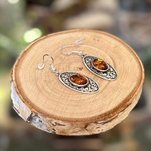 Load image into Gallery viewer, Vintage Sterling Silver &amp; Genuine Baltic Amber Art Nouveau Style Scroll Dangle Earrings
