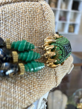 Load image into Gallery viewer, RARE Vintage HOBE &#39;50s Tri-Strand Green Art Glass &amp; Gold Tone Necklace Faience
